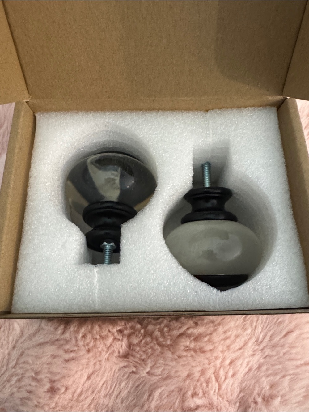 Pair of Round Glass finial  Knobs with Black Metal Bases